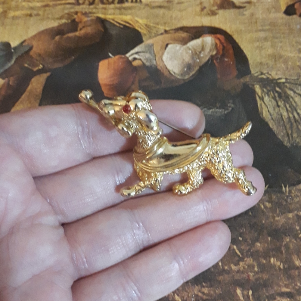 Vintage Gold Tone Dog With A Bone Brooch